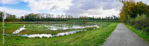 Natural beauty of Ranst, Belgium showcases serene wetlands and a walking trail under a cloudy sky