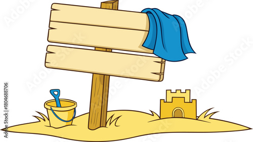 Beach scene with a wooden signpost, a bucket and spade, and a sandcastle, isolated on transparent background
