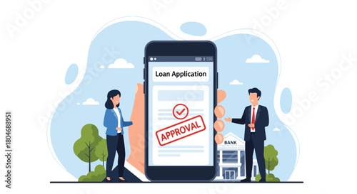 Modern flat vector illustration of a customer submitting a digital loan form with approval stamp and financial icons. Ideal for banking apps, fintech guides, and loan service promotions