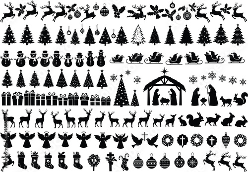 Christmas silhouette icon set, festive holiday vector, nativity scene graphic, Santa sleigh illustration, seasonal decoration pack, black clipart