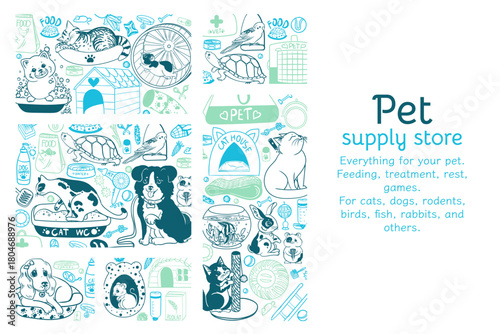 Vector frame for a pet store. Banner with pet care products. Graphic elements for feeding, treating, caring for, playing with, and relaxing cats, dogs,turtles, fish, rabbits, parrots and rodents
