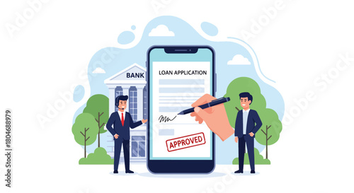 Modern flat vector illustration of a customer submitting a digital loan form with approval stamp and financial icons. Ideal for banking apps, fintech guides, and loan service promotions