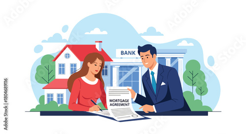 Flat vector couple signing mortgage loan documents with banker beside house icon and contract sheet. Ideal for real estate ads, mortgage services, housing finance, and property lending