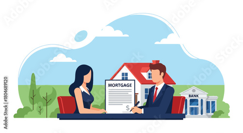 Flat vector couple signing mortgage loan documents with banker beside house icon and contract sheet. Ideal for real estate ads, mortgage services, housing finance, and property lending