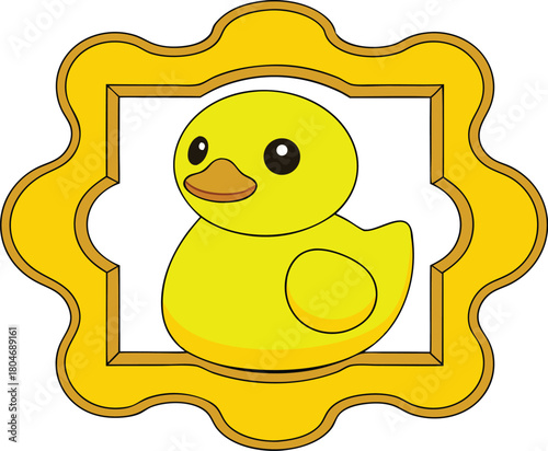 Cute yellow rubber ducky in a decorative golden frame, isolated on transparent background