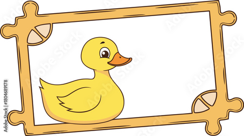 Adorable cartoon yellow duckling inside a decorative wooden frame, isolated on transparent background