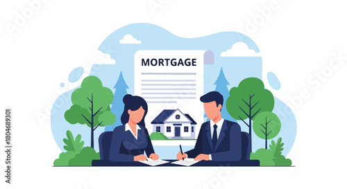 Flat vector couple signing mortgage loan documents with banker beside house icon and contract sheet. Ideal for real estate ads, mortgage services, housing finance, and property lending