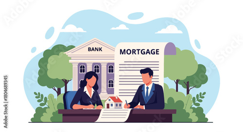 Flat vector couple signing mortgage loan documents with banker beside house icon and contract sheet. Ideal for real estate ads, mortgage services, housing finance, and property lending