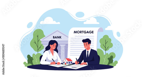 Flat vector couple signing mortgage loan documents with banker beside house icon and contract sheet. Ideal for real estate ads, mortgage services, housing finance, and property lending