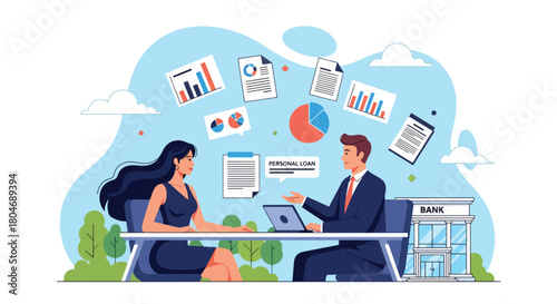 Flat vector client discussing personal loan options with financial advisor, charts floating around. Ideal for banking brochures, loan guides, and financial consultation services