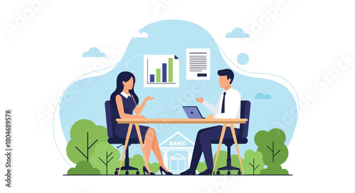 Flat vector client discussing personal loan options with financial advisor, charts floating around. Ideal for banking brochures, loan guides, and financial consultation services