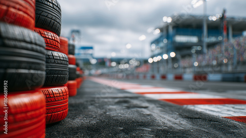 Rows of tightly compressed red and black tires set along the boundary of a motorsport facility, cloudy sky reflecting on rubber surfaces, worn asphalt foreground adding authenticit