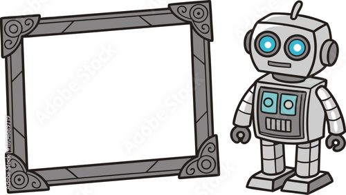 Friendly cartoon robot standing next to a square picture frame with ornate corners, isolated on transparent background