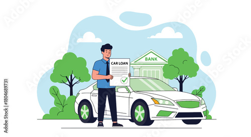 Flat vector scene of customer receiving approved car loan beside vehicle silhouette and loan document. Ideal for auto financing ads, dealership promotions, and banking loan materials
