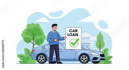 Flat vector scene of customer receiving approved car loan beside vehicle silhouette and loan document. Ideal for auto financing ads, dealership promotions, and banking loan materials
