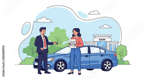 Flat vector scene of customer receiving approved car loan beside vehicle silhouette and loan document. Ideal for auto financing ads, dealership promotions, and banking loan materials