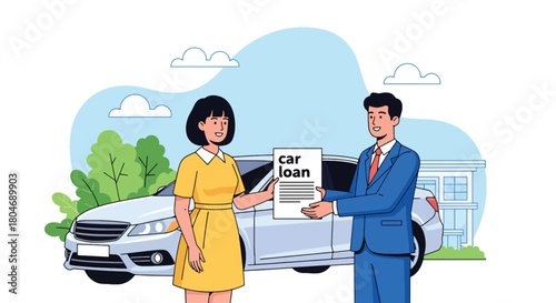 Flat vector scene of customer receiving approved car loan beside vehicle silhouette and loan document. Ideal for auto financing ads, dealership promotions, and banking loan materials