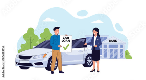 Flat vector scene of customer receiving approved car loan beside vehicle silhouette and loan document. Ideal for auto financing ads, dealership promotions, and banking loan materials
