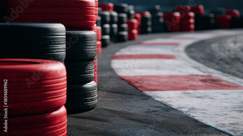 Symmetrical arrangement of red and black tires stacked high along a tight chicane, shadows enhancing shape and structure, asphalt texture crisp and defined, protective elements rea