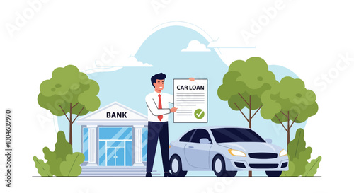 Flat vector scene of customer receiving approved car loan beside vehicle silhouette and loan document. Ideal for auto financing ads, dealership promotions, and banking loan materials