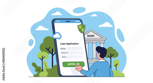 Flat vector customer applying for loan through mobile app with security shield and digital form. Ideal for fintech apps, mobile banking ads, and online lending service promotions