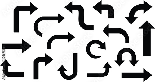 Diverse Set of Black Directional Arrows on White Background