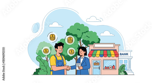 Flat vector small shop owner receiving microloan funds with coins and storefront icons. Ideal for microfinance services, small business lending, and entrepreneurship materials