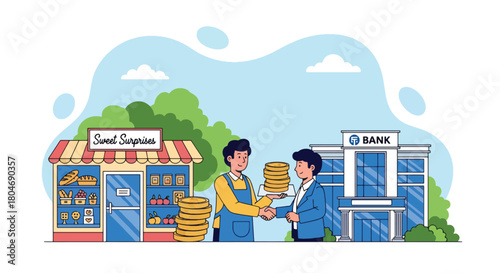Flat vector small shop owner receiving microloan funds with coins and storefront icons. Ideal for microfinance services, small business lending, and entrepreneurship materials