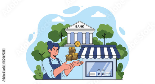 Flat vector small shop owner receiving microloan funds with coins and storefront icons. Ideal for microfinance services, small business lending, and entrepreneurship materials