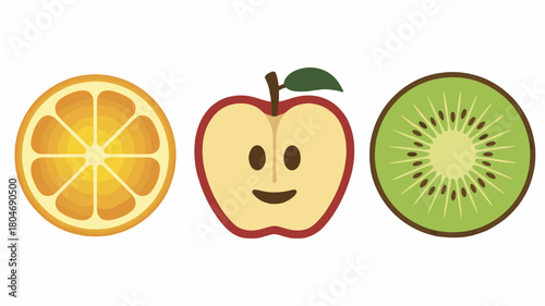 Orange apple and kiwi fruit icons simple flat vector design isolated on white background