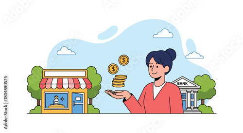 Flat vector small shop owner receiving microloan funds with coins and storefront icons. Ideal for microfinance services, small business lending, and entrepreneurship materials
