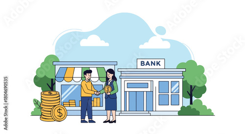 Flat vector small shop owner receiving microloan funds with coins and storefront icons. Ideal for microfinance services, small business lending, and entrepreneurship materials