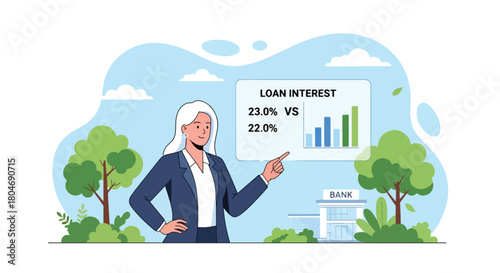 Flat vector customer analyzing interest rates across loan types using percentage charts. Ideal for finance blogs, rate comparison tools, and banking product explanations