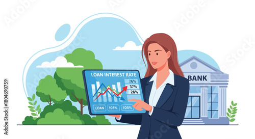 Flat vector customer analyzing interest rates across loan types using percentage charts. Ideal for finance blogs, rate comparison tools, and banking product explanations