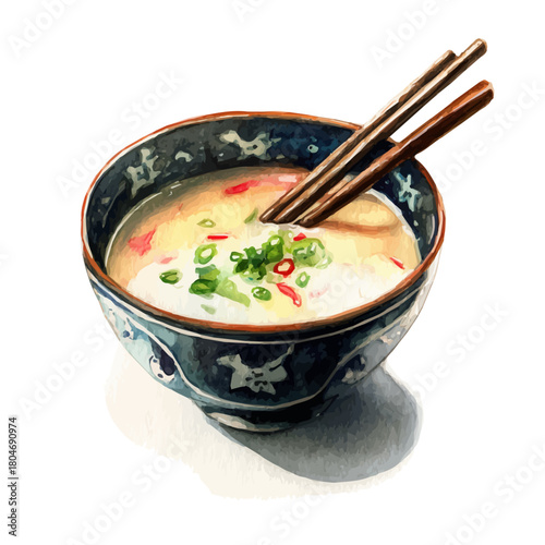 Watercolor vector illustration of Miso Soup, isolated on white background.