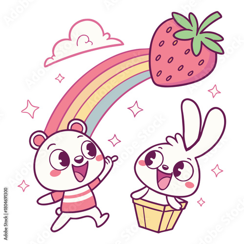 Cute Panda And Bunny Enjoy Strawberry Rainbow Adventure With Friends In Whimsical Playground Colorful Dreamland