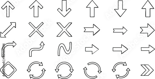 Set of black and white outline arrow graphics in various directions