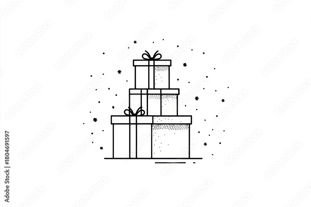 Fototapeta premium Hand drawn sketch of three stacked gift boxes tied with ribbons and scattered confetti on a white background