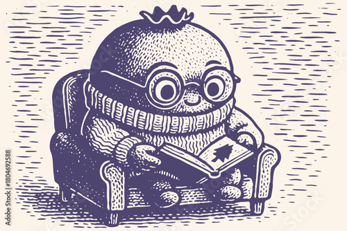 A cute, round character in a cozy sweater and glasses reads a book in an armchair. Hand-drawn vector illustration in a vintage, retro woodcut print style.
