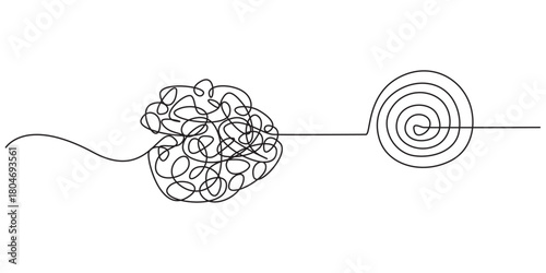 Chaos and mess circle continuous line drawn Psychotherapy linear concept  vector problem solution symbol. Open book with chaos and mess circle continuous one line drawn  Problem solution symbol