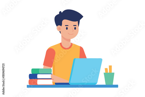 Cartoon illustration of a young boy working on a laptop on a white background with a playful and educational mood