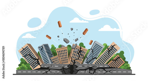 Flat vector earthquake scene showing shaking buildings and cracked roads in a modern city. Ideal for disaster education, emergency guides, safety training, and awareness materials