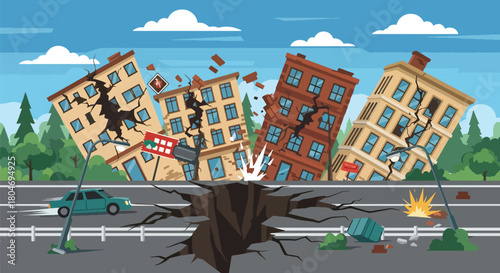 Flat vector earthquake scene showing shaking buildings and cracked roads in a modern city. Ideal for disaster education, emergency guides, safety training, and awareness materials