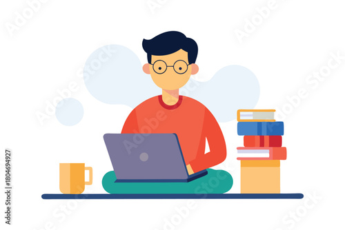 Cartoon illustration of a young boy working on a laptop on a white background with a playful and educational mood