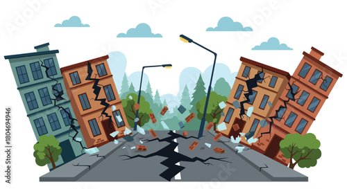 Flat vector earthquake scene showing shaking buildings and cracked roads in a modern city. Ideal for disaster education, emergency guides, safety training, and awareness materials