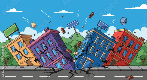 Flat vector earthquake scene showing shaking buildings and cracked roads in a modern city. Ideal for disaster education, emergency guides, safety training, and awareness materials