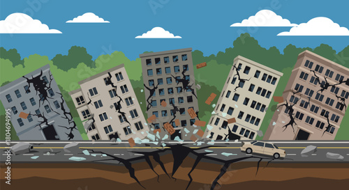 Flat vector earthquake scene showing shaking buildings and cracked roads in a modern city. Ideal for disaster education, emergency guides, safety training, and awareness materials