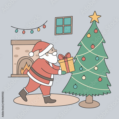 Santa claus putting gift under christmas tree vector