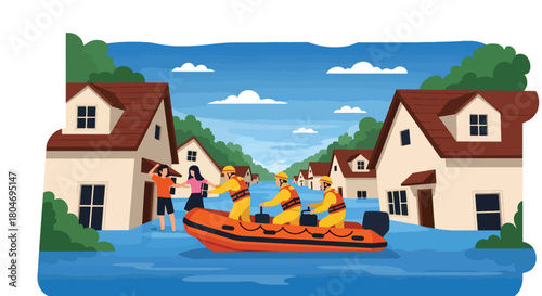 Flat vector flooded neighborhood with rescue teams helping residents by boat. Ideal for flood awareness campaigns, emergency response guides, weather alerts, and safety materials