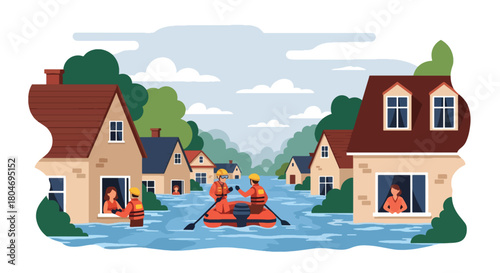 Flat vector flooded neighborhood with rescue teams helping residents by boat. Ideal for flood awareness campaigns, emergency response guides, weather alerts, and safety materials